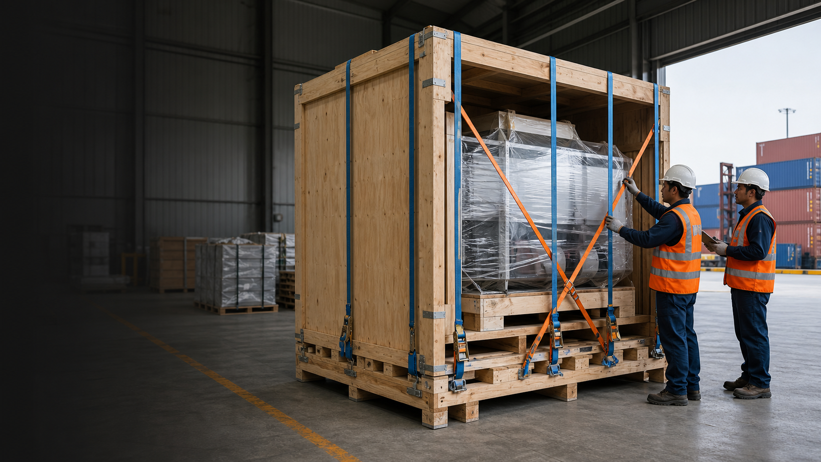 Técnicos asegurando maquinaria en una caja de madera para exportación